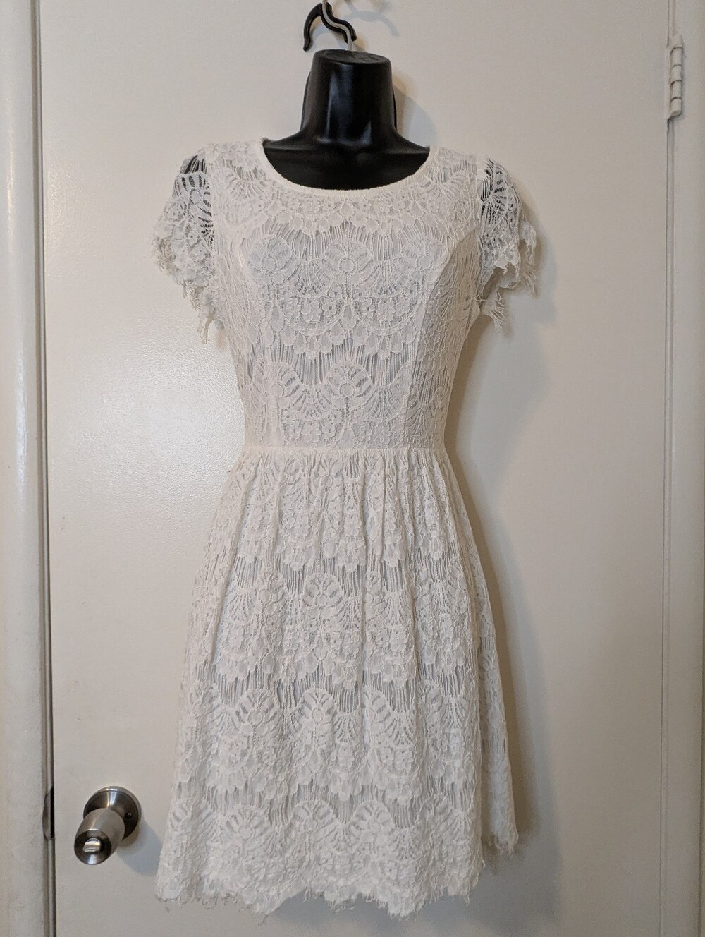 Soiéblu White Lace Mini Dress Open Back Cap Sleeve Scalloped Eyelash Trim Small